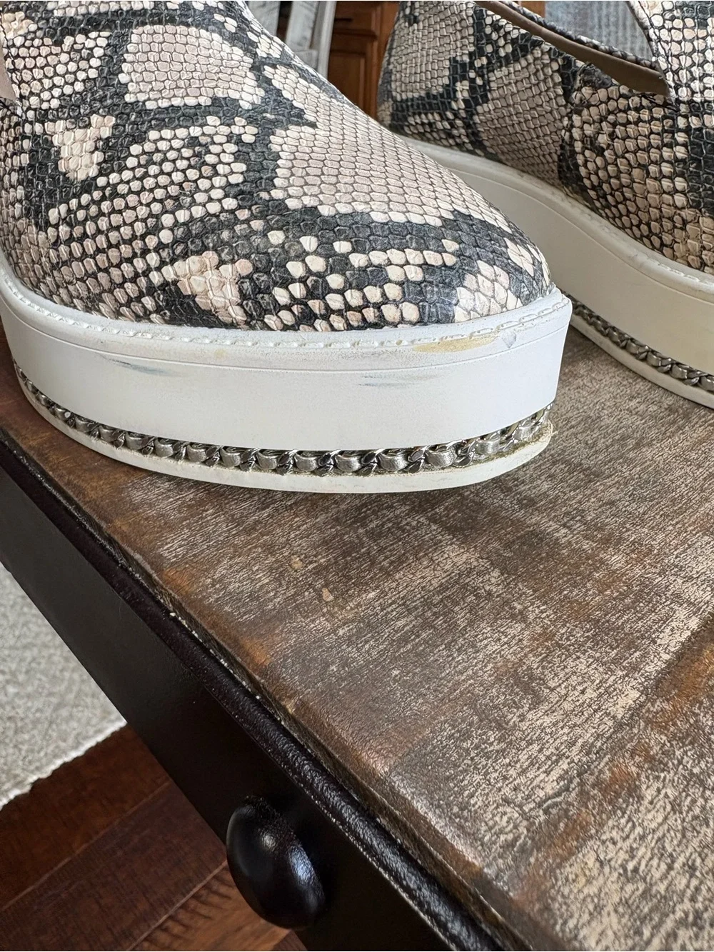 Karl Lagerfeld Beige Snake-Print Platform Slip-Ons with Chain Trim